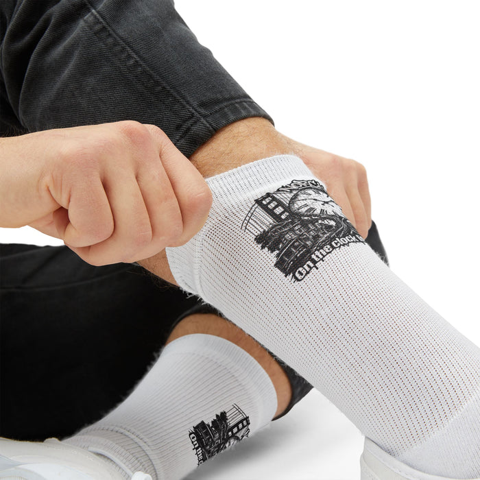 Vintage Clock Graphic Socks — Sublimated Crew Socks with Retro Timepiece Design