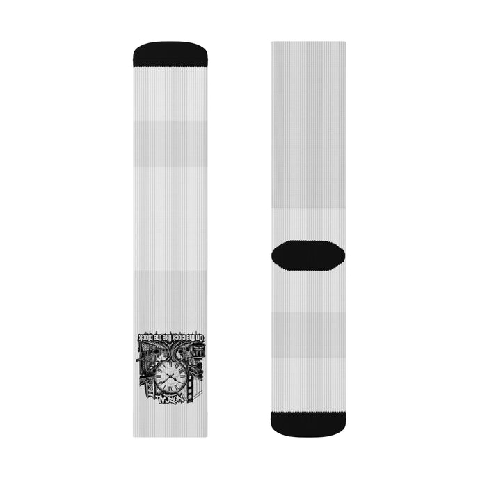 Vintage Clock Graphic Socks — Sublimated Crew Socks with Retro Timepiece Design