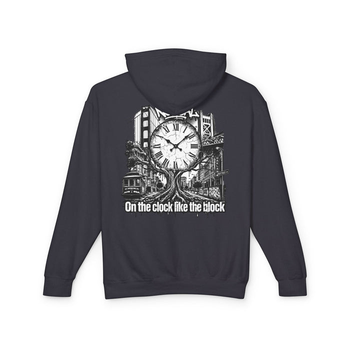 Hoodie — "On the Clock Like the Block" Vintage City Clock Graphic Hoodie