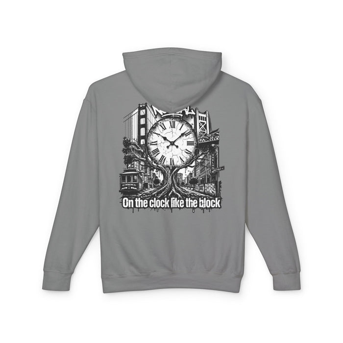 Hoodie — "On the Clock Like the Block" Vintage City Clock Graphic Hoodie