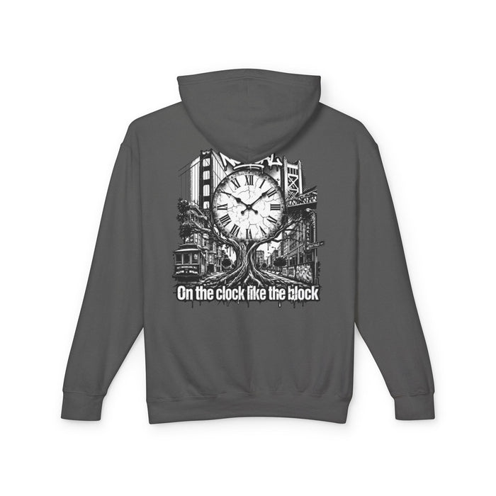 Hoodie — "On the Clock Like the Block" Vintage City Clock Graphic Hoodie