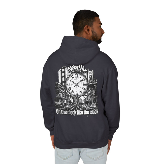 Hoodie — "On the Clock Like the Block" Vintage City Clock Graphic Hoodie