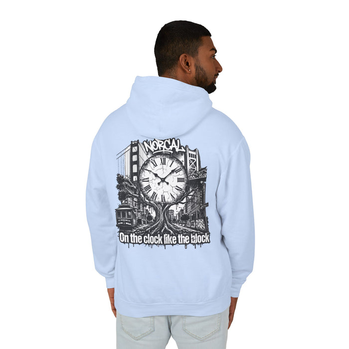 Hoodie — "On the Clock Like the Block" Vintage City Clock Graphic Hoodie