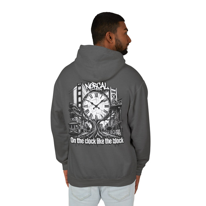 Hoodie — "On the Clock Like the Block" Vintage City Clock Graphic Hoodie