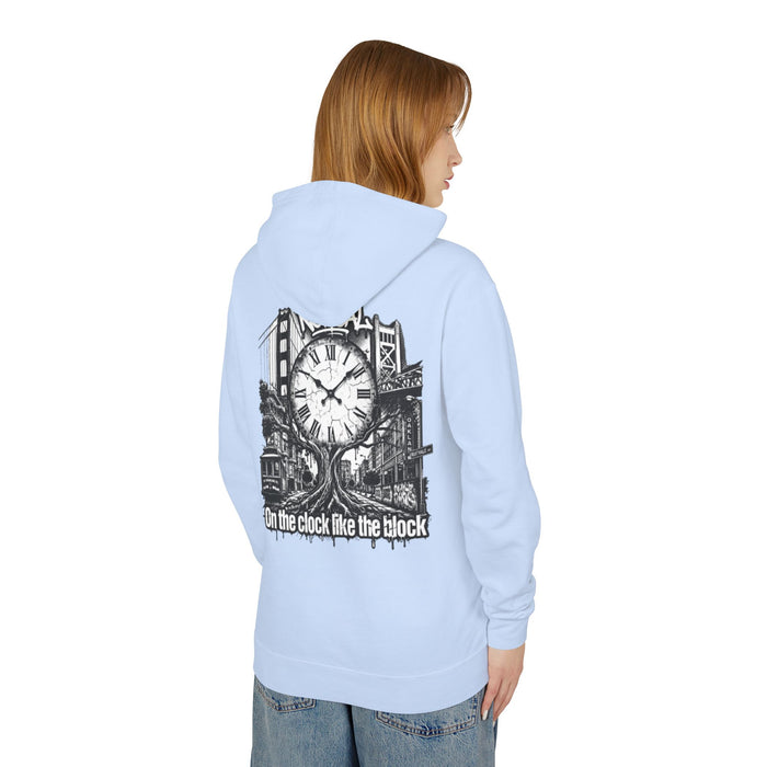 Hoodie — "On the Clock Like the Block" Vintage City Clock Graphic Hoodie