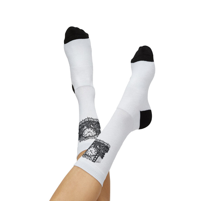 Vintage Clock Graphic Socks — Sublimated Crew Socks with Retro Timepiece Design