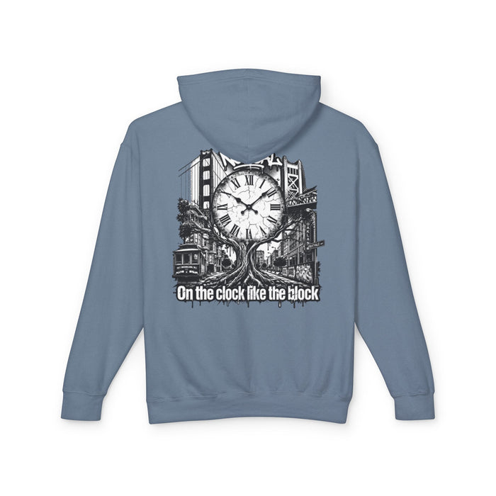 Hoodie — "On the Clock Like the Block" Vintage City Clock Graphic Hoodie