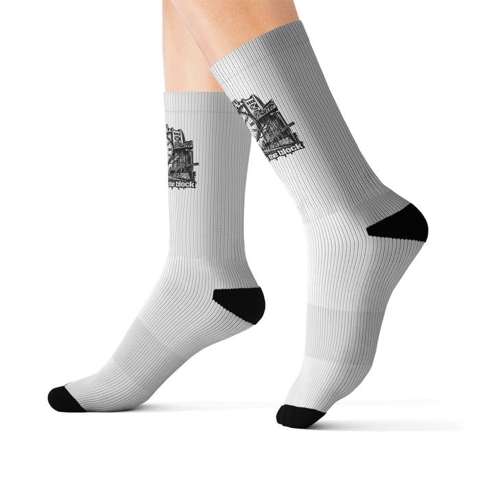 Vintage Clock Graphic Socks — Sublimated Crew Socks with Retro Timepiece Design