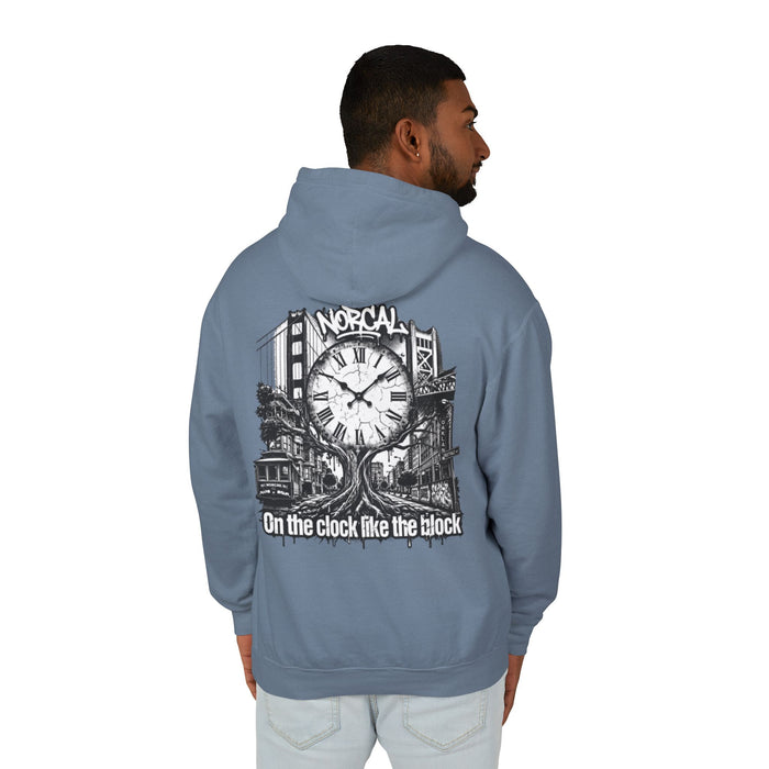 Hoodie — "On the Clock Like the Block" Vintage City Clock Graphic Hoodie