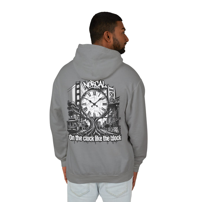 Hoodie — "On the Clock Like the Block" Vintage City Clock Graphic Hoodie