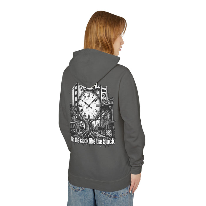 Hoodie — "On the Clock Like the Block" Vintage City Clock Graphic Hoodie