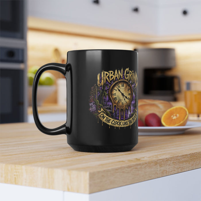 Urban Grind Coffee Mug — "On the Clock Like the Block" 15oz Black Mug