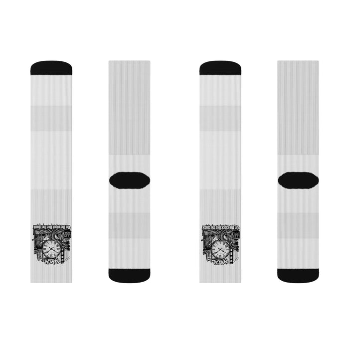Vintage Clock Graphic Socks — Sublimated Crew Socks with Retro Timepiece Design
